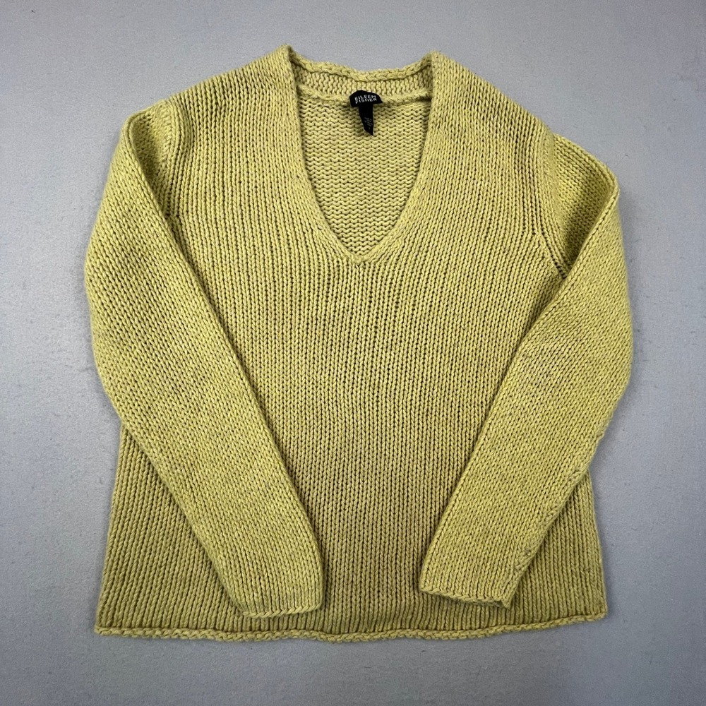 Eileen Fisher V-Neck Sweater Womens L Green Wool Alpaca Knit Pullover Minimalist